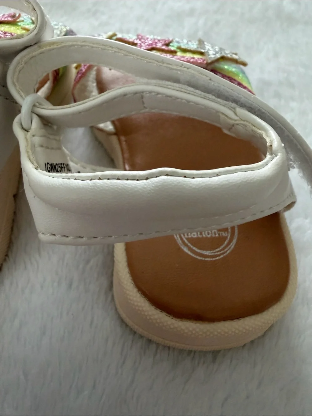 Wonder Nation White Sandals with Rainbow Glitter Straps and Star Accents